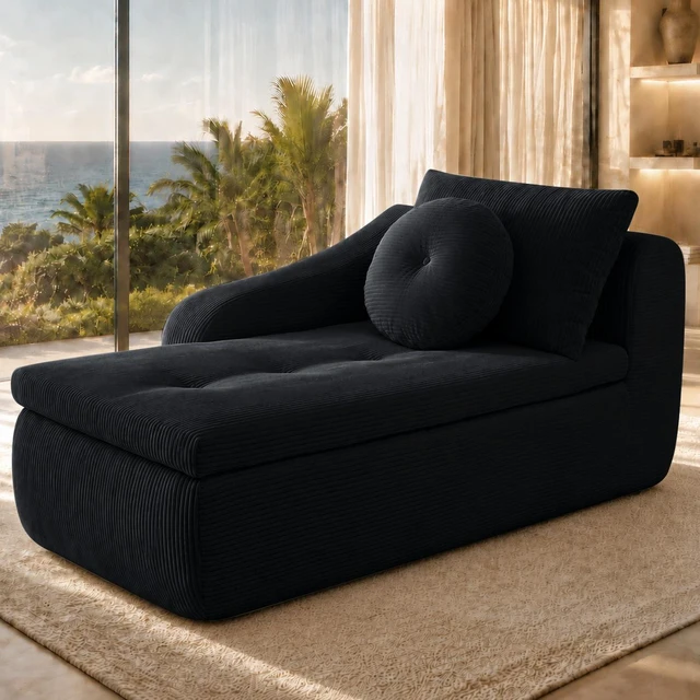 Alt view image 3 of 7 - 38 Inch Chaise Lounges, Skin Soft Corduroy Left for Living and Beyond for Living Corduroy Black, Fabric, Foam