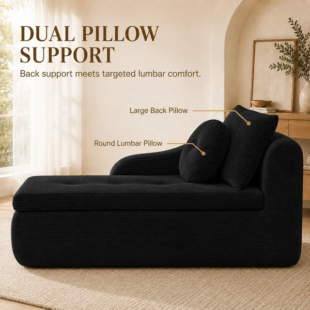 Alt view image 4 of 7 - 38 Inch Chaise Lounges, Skin Soft Corduroy Left for Living and Beyond for Living Corduroy Black, Fabric, Foam