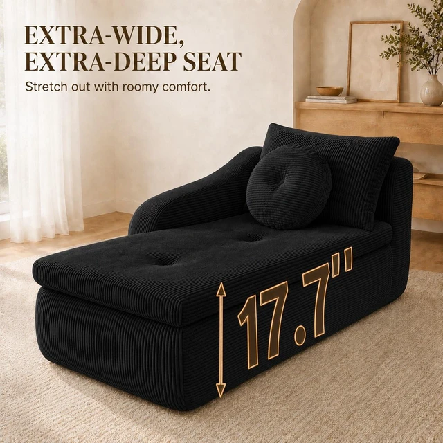 Alt view image 7 of 7 - 38 Inch Chaise Lounges, Skin Soft Corduroy Left for Living and Beyond for Living Corduroy Black, Fabric, Foam