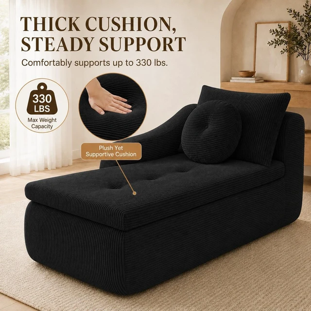 Alt view image 5 of 7 - 38 Inch Chaise Lounges, Skin Soft Corduroy Left for Living and Beyond for Living Corduroy Black, Fabric, Foam