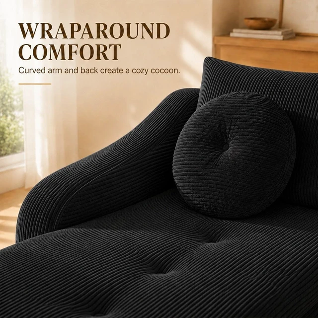Alt view image 6 of 7 - 38 Inch Chaise Lounges, Skin Soft Corduroy Left for Living and Beyond for Living Corduroy Black, Fabric, Foam
