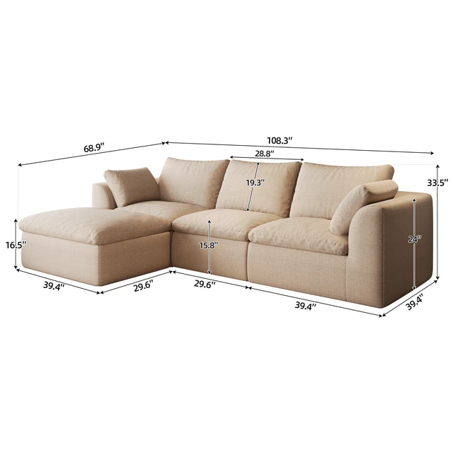 Alt view image 5 of 7 - 108.3 Inch Vacuum Packed Cloud Sofa Seater L-Shaped with Single Chaise Lounge, Modular Compressed Sectional Couch