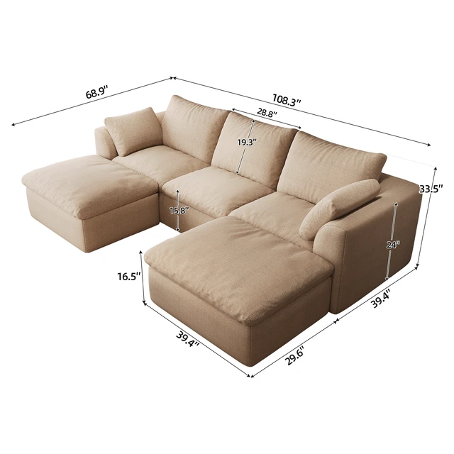 Alt view image 4 of 6 - 108.3 Inch Vacuum Packed Cloud Sofa Seater U-Shaped with Double Chaise Lounge, Modular Compressed Sectional Couch