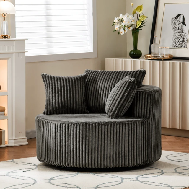 Alt view image 2 of 6 - Round Swivel Accent Chair with Upholstery and Matching Throw Pillows, Brown, Foam, Sofas