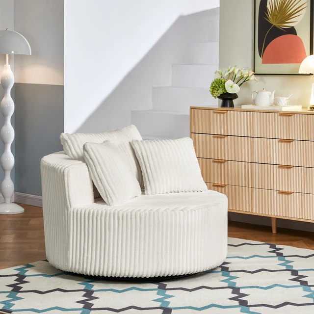Main image of Round Swivel Accent Chair with Upholstery and Matching Throw Pillows, Beige, Foam, Sofas