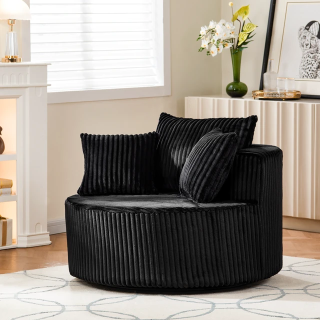 Alt view image 2 of 6 - Round Swivel Accent Chair with Upholstery and Matching Throw Pillows, Black, Foam, Sofas