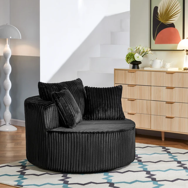 Main image of Round Swivel Accent Chair with Upholstery and Matching Throw Pillows, Black, Foam, Sofas