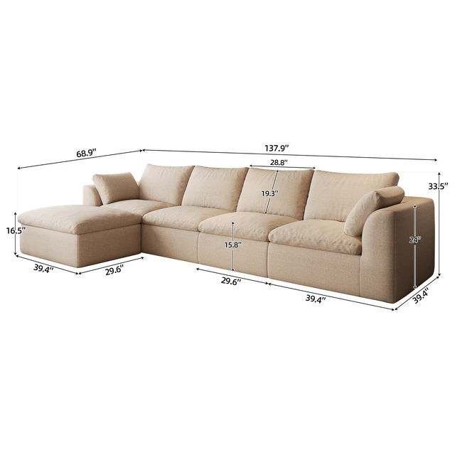 Alt view image 5 of 7 - 137.9 Inch Vacuum Packed Cloud Sofa Seater L-Shaped with Single Chaise Lounge, Modular Compressed Sectional Couch