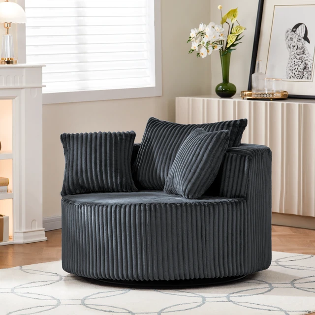 Alt view image 2 of 5 - Round Swivel Accent Chair with Upholstery and Matching Throw Pillows, Dark Gray, Foam, Sofas