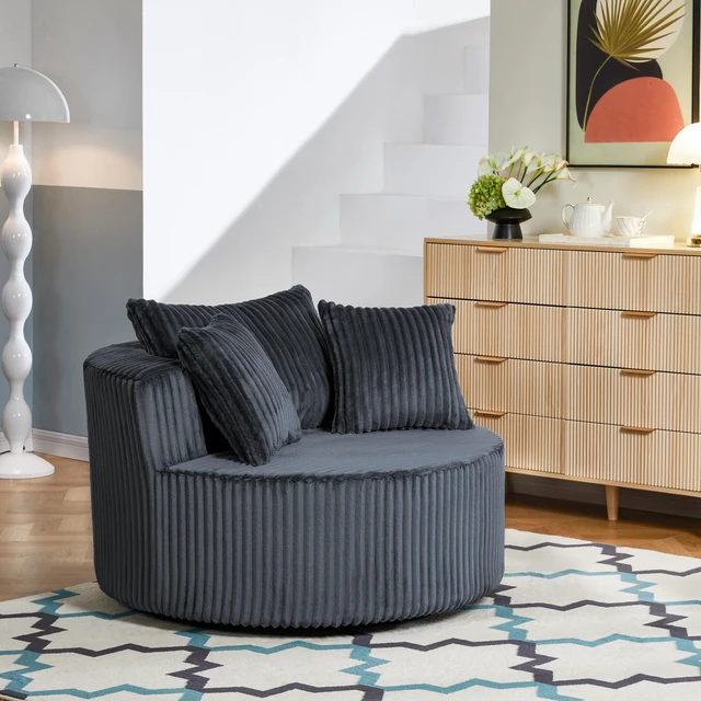 Main image of Round Swivel Accent Chair with Upholstery and Matching Throw Pillows, Dark Gray, Foam, Sofas