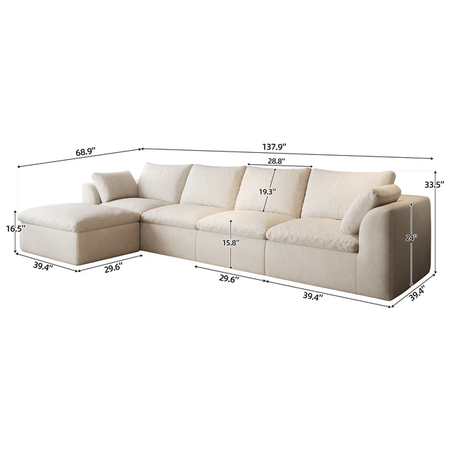 Alt view image 5 of 7 - 137.9 Inch l Shaped 5 Seat Modular Sectional Sofa with Single Chaise, Deep Seat Corner Couch Vacuum Compressed Tool