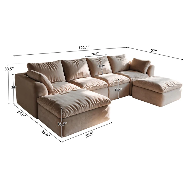 Alt view image 5 of 7 - 122.1 Inch l Shaped 6 Seat Modular Sectional Sofa with Double Chaise, Deep Seat Corner Couch Vacuum Compressed Tool