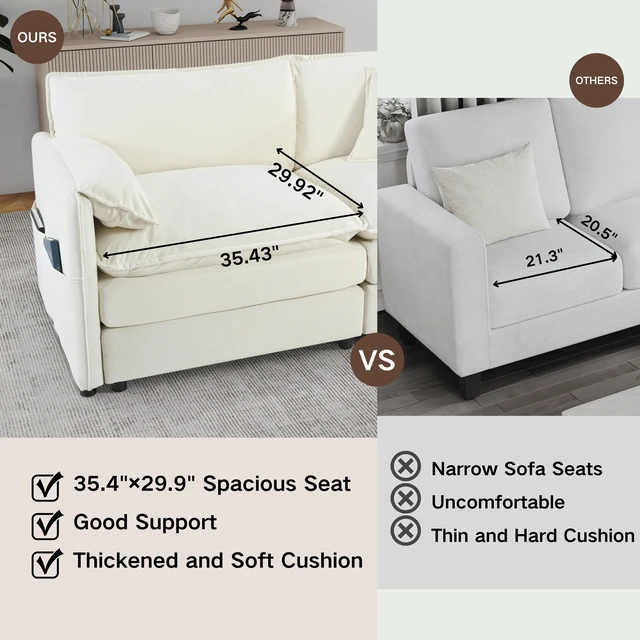 Alt view image 2 of 5 - 35.04 Inch Chenille Chair, Arm Modular Reading Chair for Living Deep Seat DIY Sectional Sofa Chenille, Beige