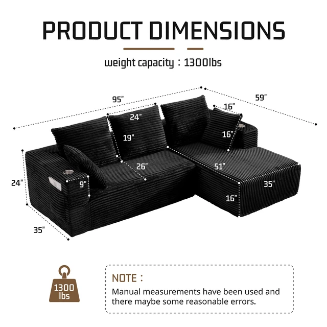 Alt view image 2 of 7 - Inchmodular Combination Sofa with L-Shaped Lounge Chair, Four Seater Design, Black, Fabric