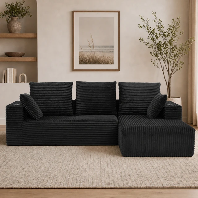 Alt view image 4 of 7 - Inchmodular Combination Sofa with L-Shaped Lounge Chair, Four Seater Design, Black, Fabric