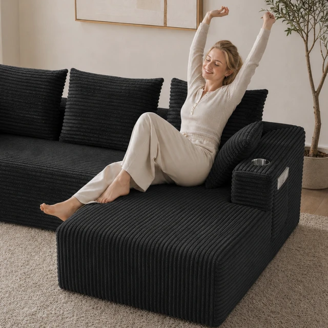 Alt view image 3 of 7 - Inchmodular Combination Sofa with L-Shaped Lounge Chair, Four Seater Design, Black, Fabric