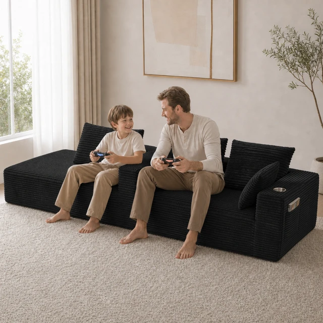 Alt view image 7 of 7 - Inchmodular Combination Sofa with L-Shaped Lounge Chair, Four Seater Design, Black, Fabric