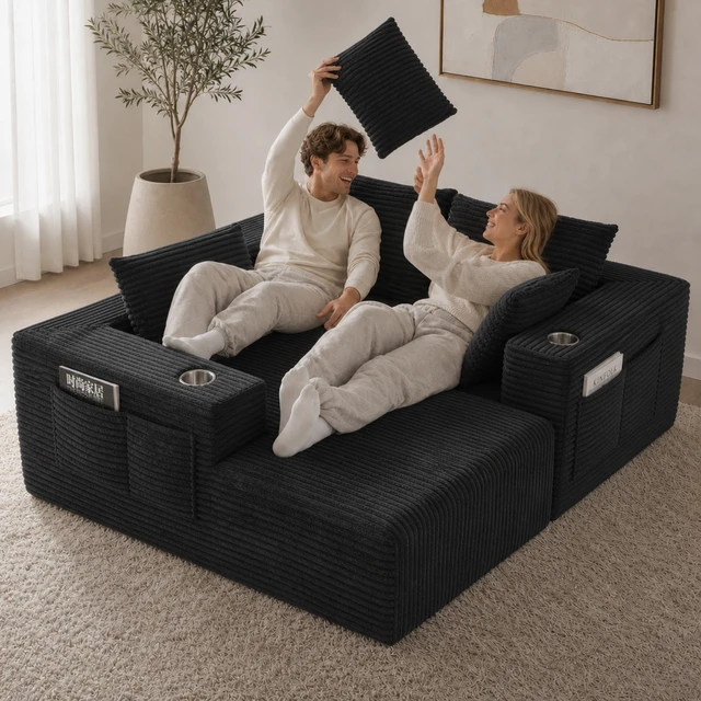 Alt view image 5 of 7 - Inchmodular Combination Sofa with L-Shaped Lounge Chair, Four Seater Design, Black, Fabric