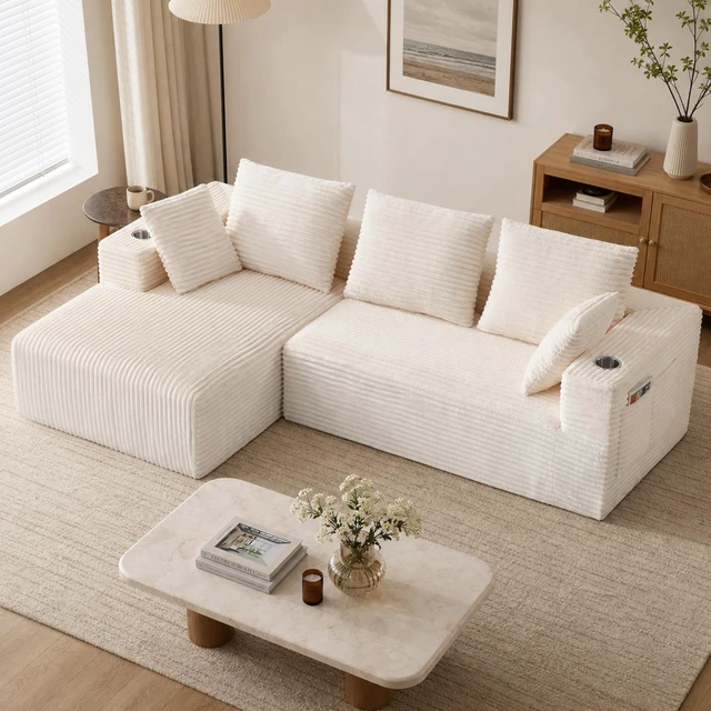 Main image of Inchmodular Combination Sofa with L-Shaped Lounge Chair, Four Seater Design, White, Fabric