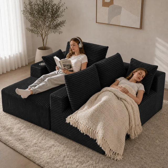 Alt view image 6 of 7 - Inchmodular Combination Sofa with L-Shaped Lounge Chair, Four Seater Design, Black, Fabric