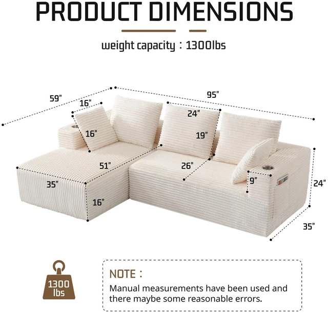 Alt view image 2 of 7 - Inchmodular Combination Sofa with L-Shaped Lounge Chair, Four Seater Design, White, Fabric
