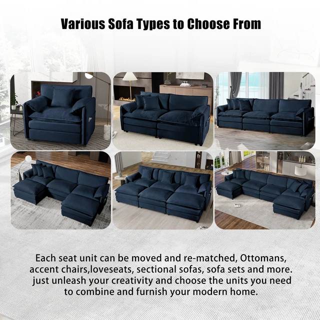 Alt view image 6 of 7 - 35.04 Inch Chenille Chair, Arm Modular Reading Chair for Living Deep Seat DIY Sectional Sofa Chenille, Blue