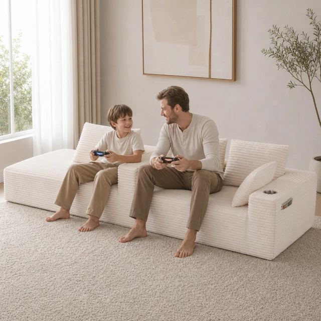 Alt view image 4 of 7 - Inchmodular Combination Sofa with L-Shaped Lounge Chair, Four Seater Design, White, Fabric