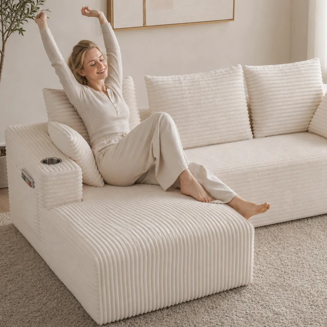 Alt view image 5 of 7 - Inchmodular Combination Sofa with L-Shaped Lounge Chair, Four Seater Design, White, Fabric