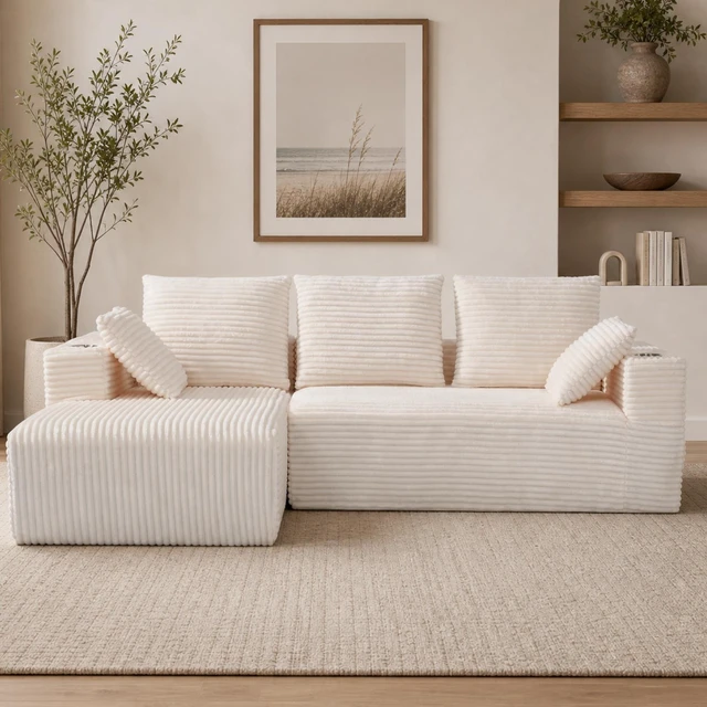 Alt view image 3 of 7 - Inchmodular Combination Sofa with L-Shaped Lounge Chair, Four Seater Design, White, Fabric