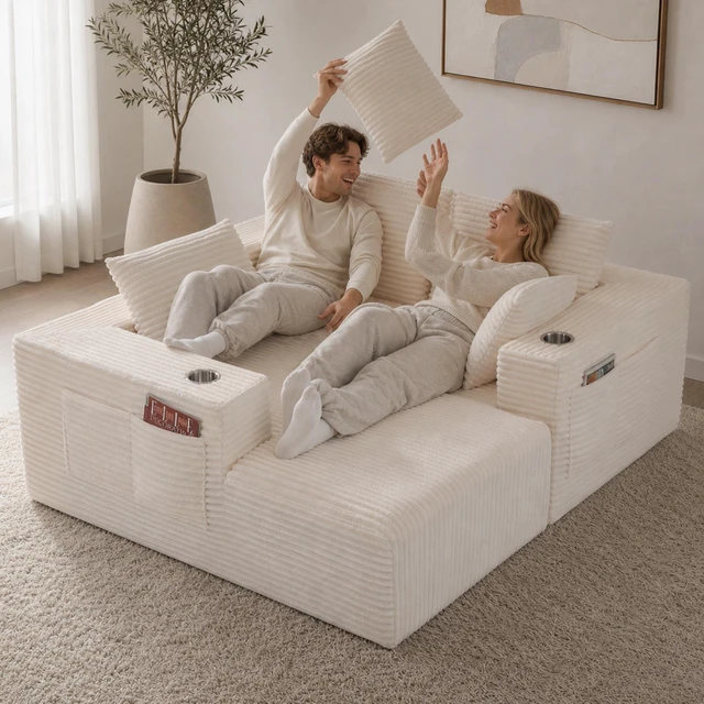 Alt view image 6 of 7 - Inchmodular Combination Sofa with L-Shaped Lounge Chair, Four Seater Design, White, Fabric