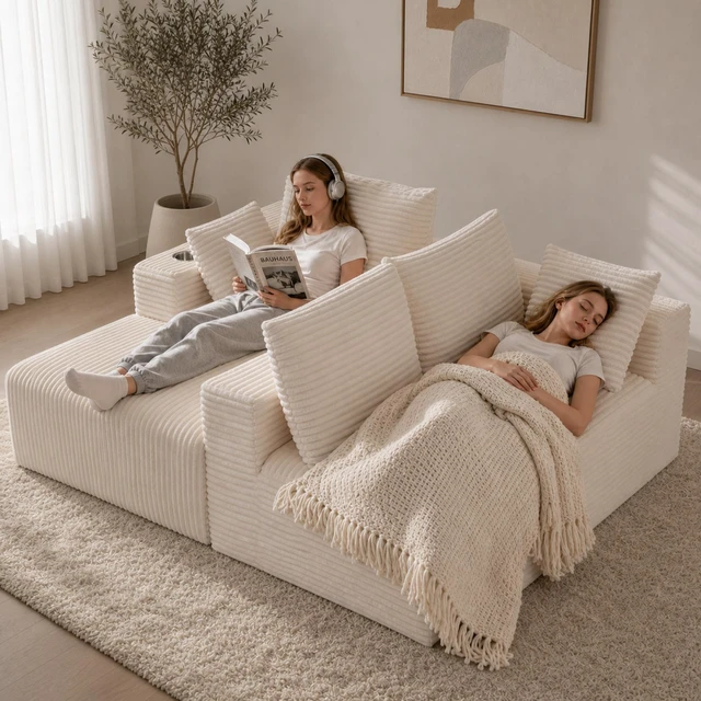 Alt view image 7 of 7 - Inchmodular Combination Sofa with L-Shaped Lounge Chair, Four Seater Design, White, Fabric