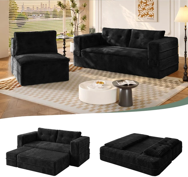 Main image of 80 Inch King Size Sleeper Sofa Bed, Corduroy Deep Seat Sofa Couch with Independent Chaise and Functional Blanket