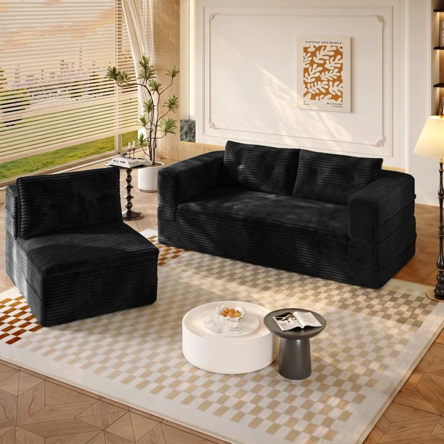 Alt view image 3 of 7 - 80 Inch King Size Sleeper Sofa Bed, Corduroy Deep Seat Sofa Couch with Independent Chaise and Functional Blanket