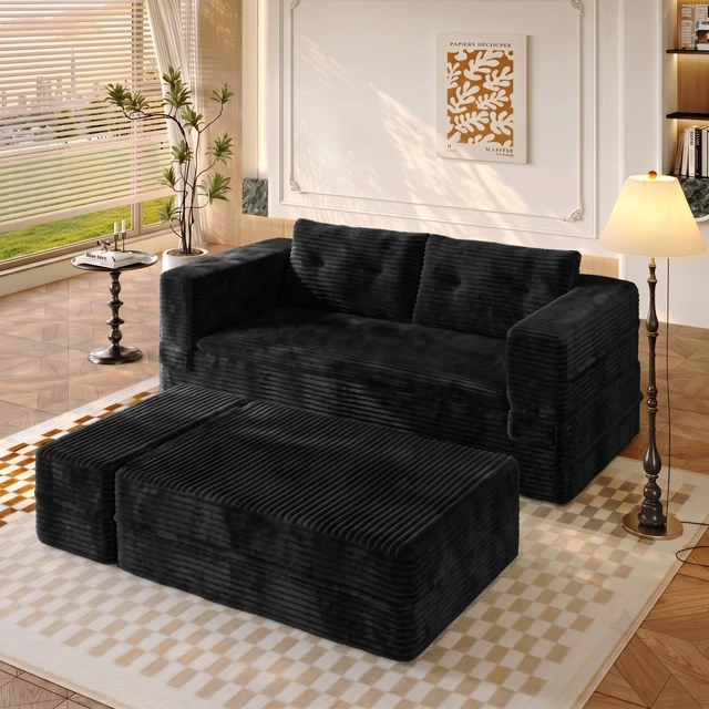 Alt view image 4 of 7 - 80 Inch King Size Sleeper Sofa Bed, Corduroy Deep Seat Sofa Couch with Independent Chaise and Functional Blanket
