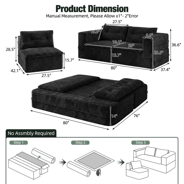 Alt view image 2 of 7 - 80 Inch King Size Sleeper Sofa Bed, Corduroy Deep Seat Sofa Couch with Independent Chaise and Functional Blanket