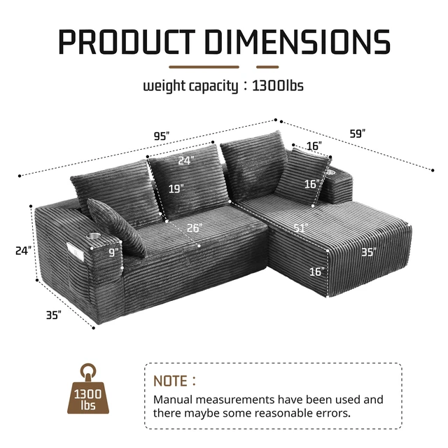 Alt view image 3 of 7 - Inchmodular Combination Sofa with L-Shaped Lounge Chair, Four Seater Design, Gray, Fabric