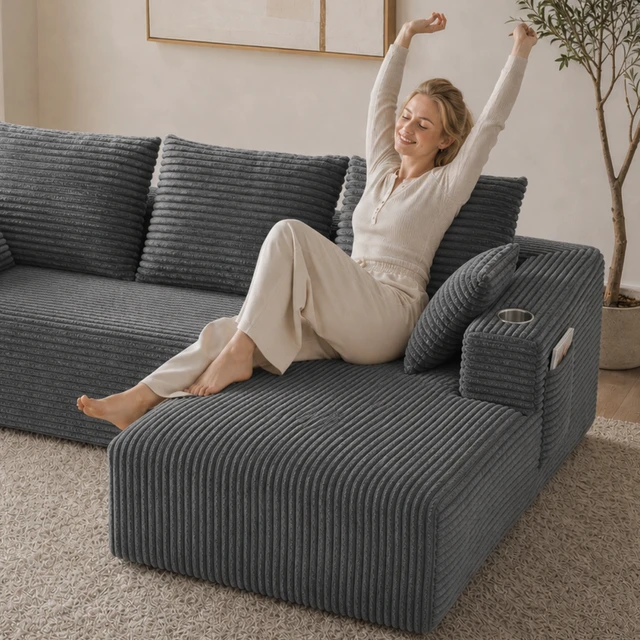 Alt view image 5 of 7 - Inchmodular Combination Sofa with L-Shaped Lounge Chair, Four Seater Design, Gray, Fabric