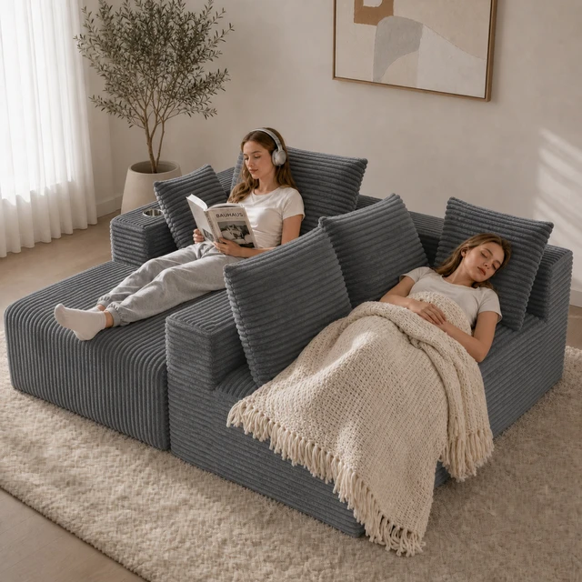 Alt view image 4 of 7 - Inchmodular Combination Sofa with L-Shaped Lounge Chair, Four Seater Design, Gray, Fabric