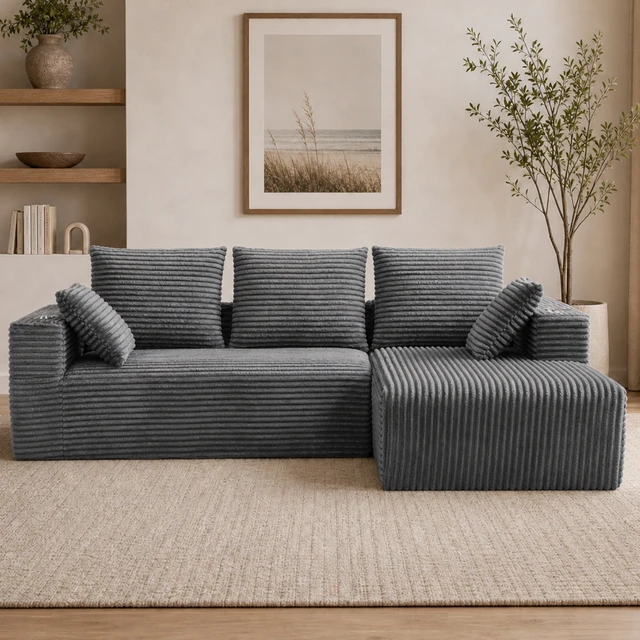 Alt view image 6 of 7 - Inchmodular Combination Sofa with L-Shaped Lounge Chair, Four Seater Design, Gray, Fabric