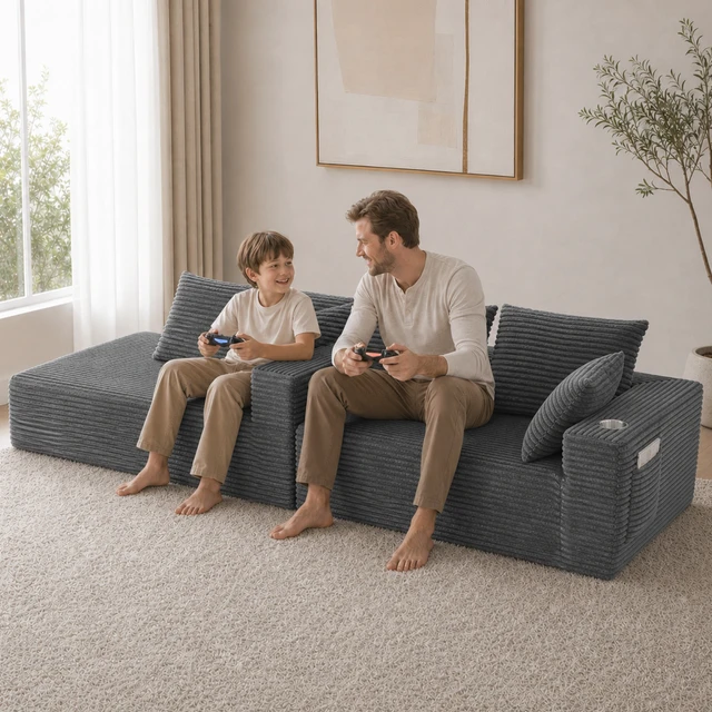 Alt view image 2 of 7 - Inchmodular Combination Sofa with L-Shaped Lounge Chair, Four Seater Design, Gray, Fabric