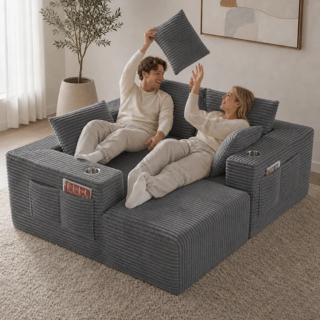 Alt view image 7 of 7 - Inchmodular Combination Sofa with L-Shaped Lounge Chair, Four Seater Design, Gray, Fabric