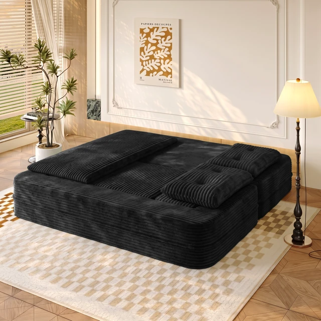 Alt view image 6 of 7 - 80 Inch King Size Sleeper Sofa Bed, Corduroy Deep Seat Sofa Couch with Independent Chaise and Functional Blanket