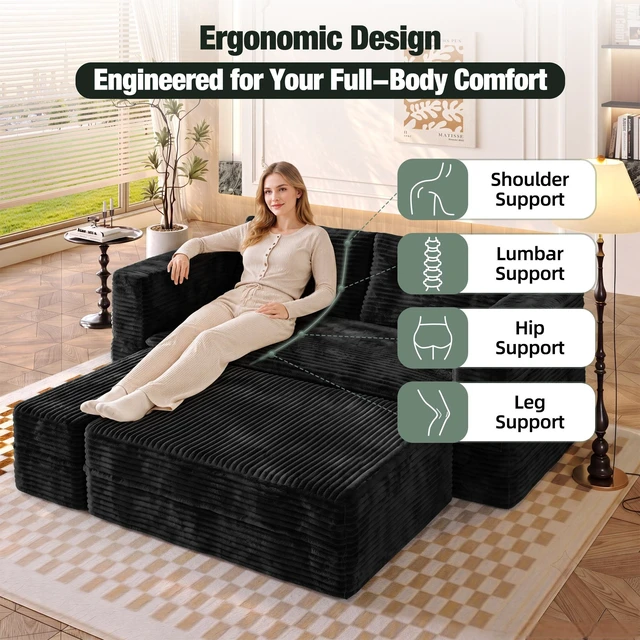 Alt view image 7 of 7 - 80 Inch King Size Sleeper Sofa Bed, Corduroy Deep Seat Sofa Couch with Independent Chaise and Functional Blanket