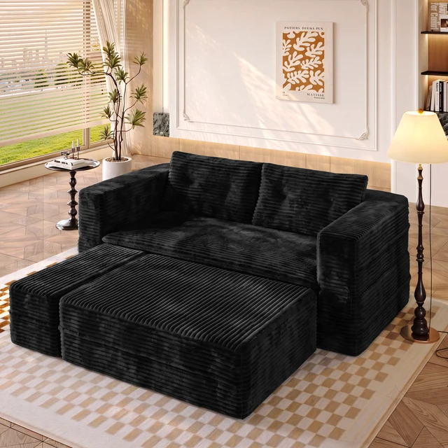Alt view image 5 of 7 - 80 Inch King Size Sleeper Sofa Bed, Corduroy Deep Seat Sofa Couch with Independent Chaise and Functional Blanket