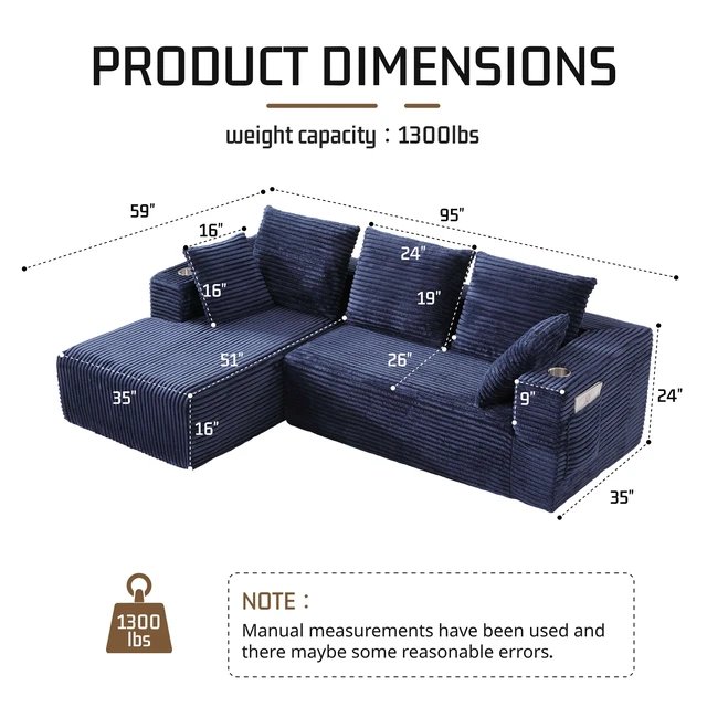 Alt view image 2 of 7 - Inchmodular Combination Sofa with L-Shaped Lounge Chair, Four Seater Design, Blue, Fabric