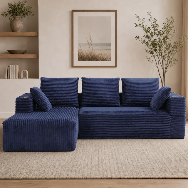 Alt view image 3 of 7 - Inchmodular Combination Sofa with L-Shaped Lounge Chair, Four Seater Design, Blue, Fabric