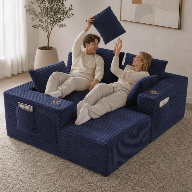 Alt view image 5 of 7 - Inchmodular Combination Sofa with L-Shaped Lounge Chair, Four Seater Design, Blue, Fabric