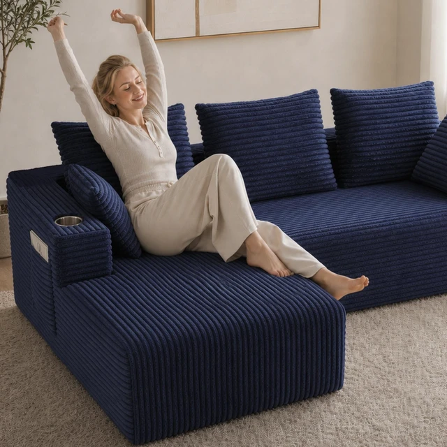 Alt view image 4 of 7 - Inchmodular Combination Sofa with L-Shaped Lounge Chair, Four Seater Design, Blue, Fabric