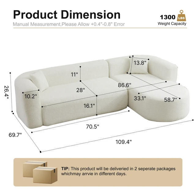 Alt view image 2 of 7 - 109.4 Inch Sectional Couch with L-Shaped Chaise, Modular Sectional Sofa, White, Fabric