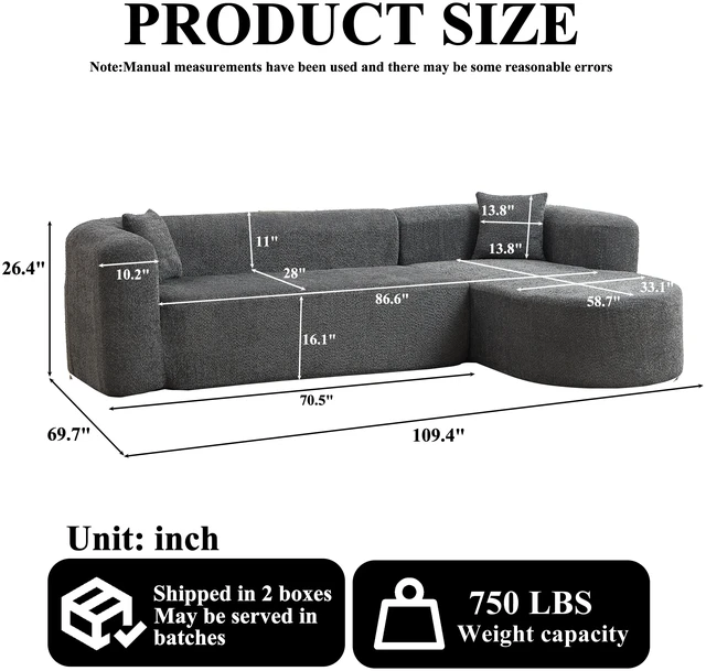 Main image of Video 109.4 Inch Modular Sectional Sofa Curved Back Sofa, Chenille Fabric Two Throw Pillows l Shape Cloud Couch